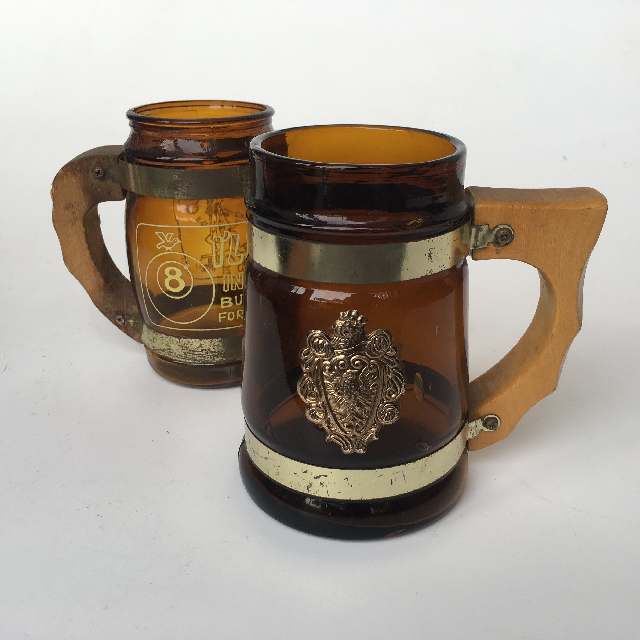 BEER STEIN, Amber Glass w Wooden Handle & Gold